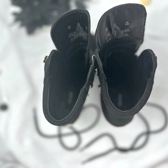 DKNY Black Leather Boots with Gold Accents, Womens Chunky High Heel Ankle Boots - Picture 11 of 12